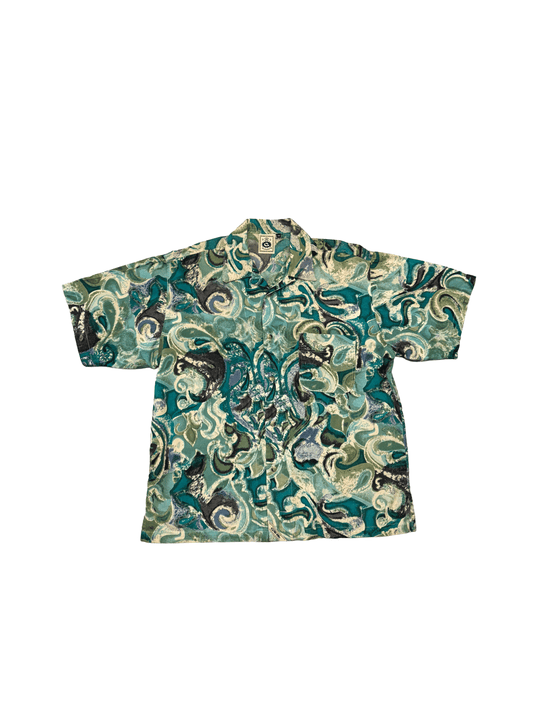 "Gotcha" Abstract Wave Green Open Collar Shirt