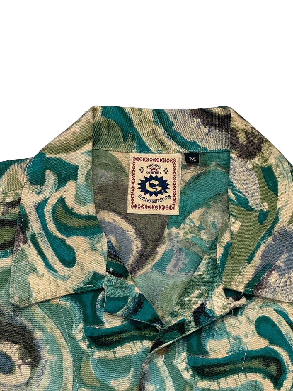 "Gotcha" Abstract Wave Green Open Collar Shirt