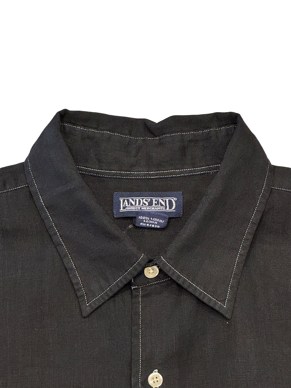 "LANDS' END" 100% Linen Black Contrast Stitch Shirt