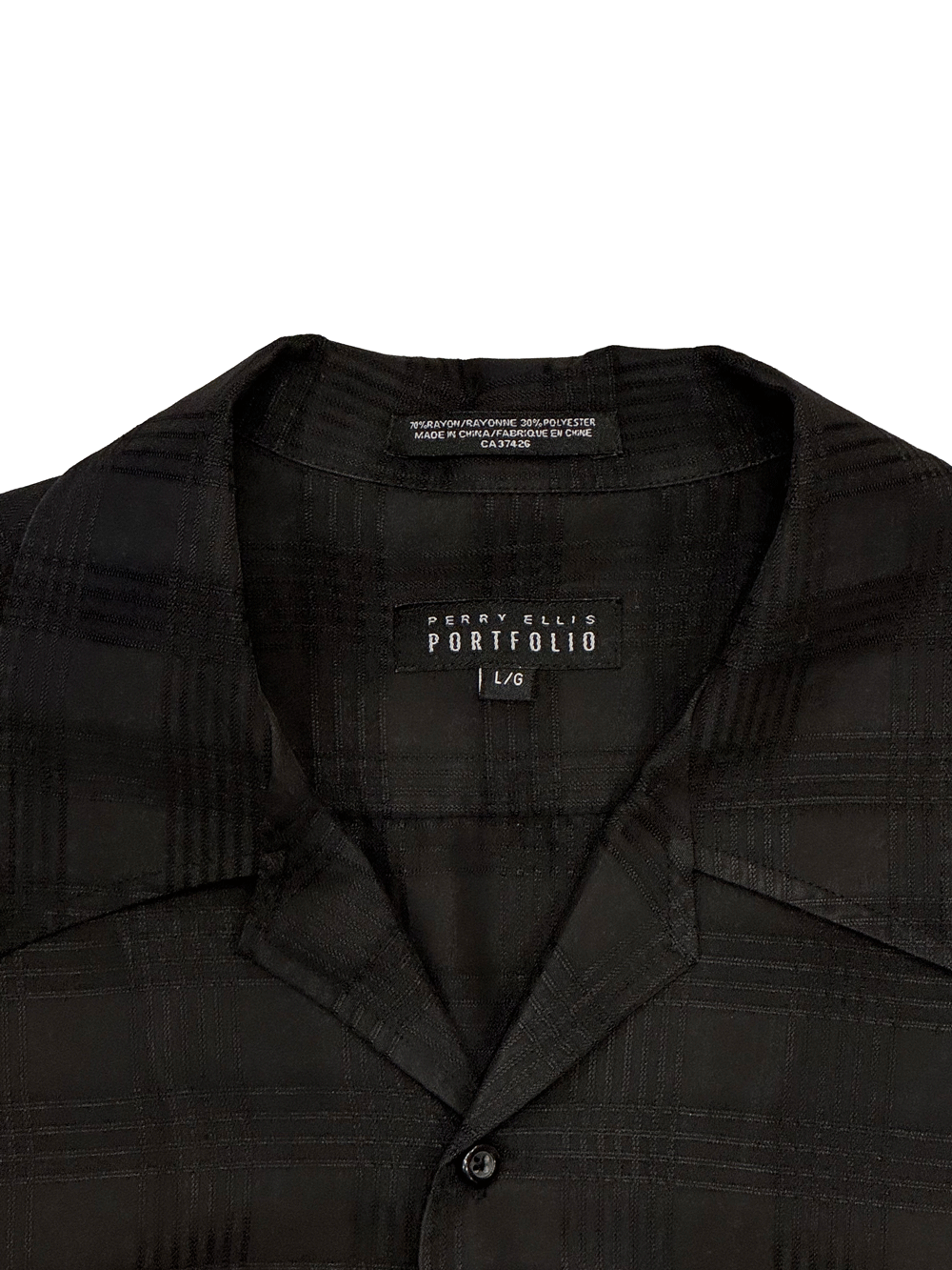 "Perry Ellis" Black Open Collar Plaid Shirt