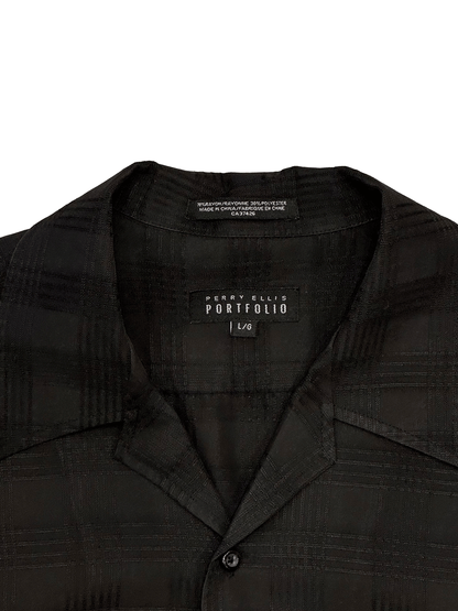 "Perry Ellis" Black Open Collar Plaid Shirt